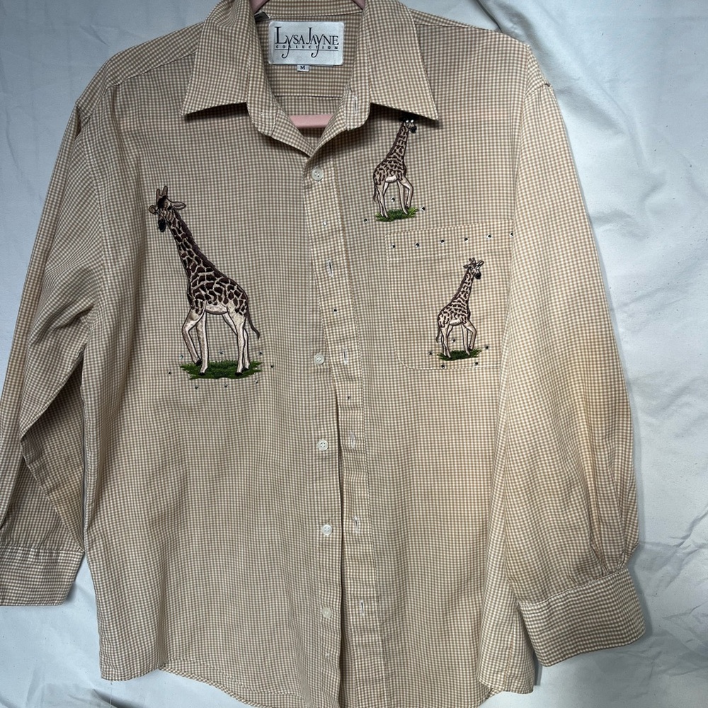 Women's Tan Giraffe Embroidered Button Down Shirt
